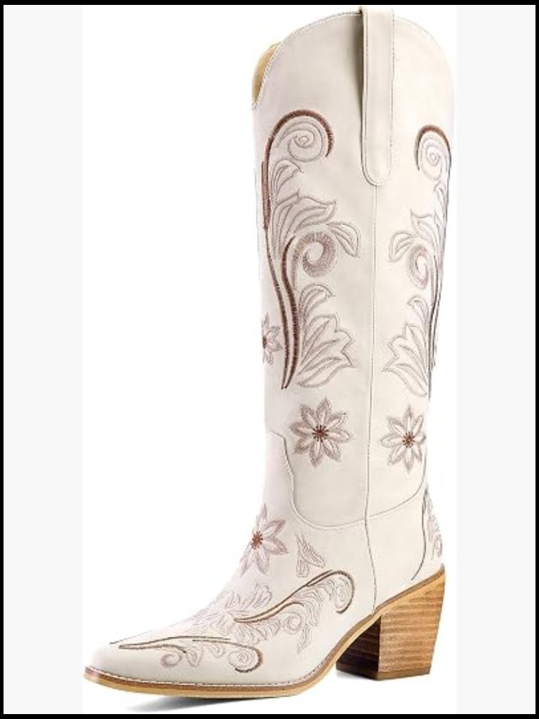 Embroidered Knee High Cowboy Boots Pointed Toe Chunky Heel Pull On